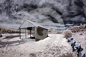 Tasmania rural house lake and grassland