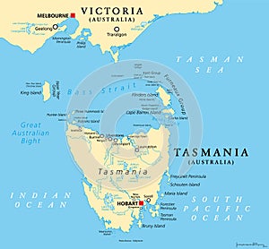 Tasmania and the surrounding area, island state of Australia, political map