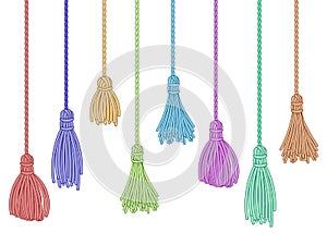 Tassel trim. Fabric curtain tassels, fringe bunch on rope and pillow colorful embelishments isolated vector set photo