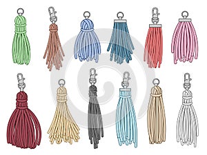 Tassels accessories. Leather fringe tassel trinket, handbag embelishments and fashion key chain isolated vector