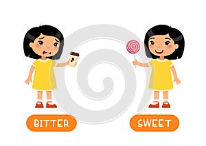 Taste concept, BITTER and SWEET. Educational word card with opposites vector template. Foreign language flash card with cute asian