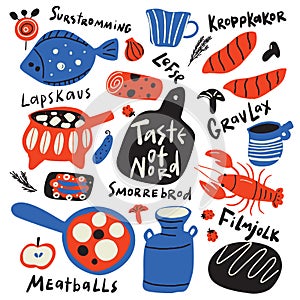 Taste of nord. Funny hand drawn typographic illustration of different scandinavian food and kitchen ware. Names of dishes. Vector.