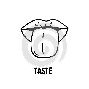 Taste scheme concept. Vector flat modern color illustration. Tongue with lips. Mouth tasty sense symbol. Umami, sweet, sour,