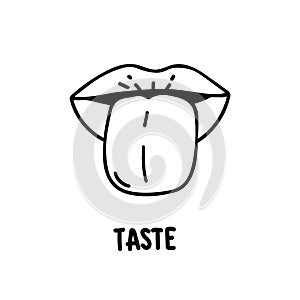 Taste scheme concept. Vector flat modern color illustration. Tongue with lips. Mouth tasty sense symbol. Umami, sweet