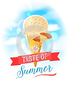 The taste of summer. Bright colorful poster with almond ice cream cone on the sky background.