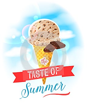 The taste of summer. Bright colorful poster with chocolate ice cream cone on the sky background.