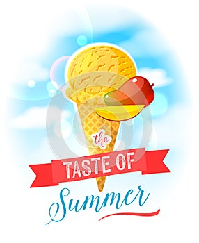 The taste of summer. Bright colorful poster with mango ice cream cone on the sky background.