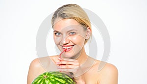 Taste of summer concept. Enjoy natural juice. Watermelon cocktail beverage. Relax and enjoy freshness. Girl thirsty