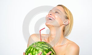 Taste of summer concept. Watermelon vitamin beverage. Girl thirsty attractive nude drink fresh juice whole watermelon