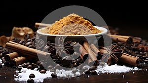 Taste Temptations. The Sweet Interplay of Coffee Beans and Cinnamon Stick. Generative AI photo