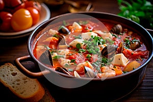 Taste of Tuscany: Cacciucco, A Traditional Tuscan Fish Stew with Fresh Seafood and Tomatoes