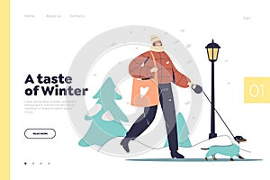 Taste of winter concept of landing page with woman walking with dog in warm coat in snowy park