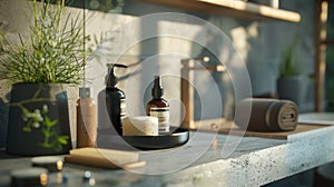 A tasteful arrangement of men's grooming products on a minimalist bathroom counter, evoking a sense of luxury and