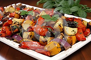 tasteful dish of roasted veggies, drizzle of balsamic glaze