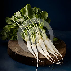 A tasteful presentation of long white radishes in indoor studio photo