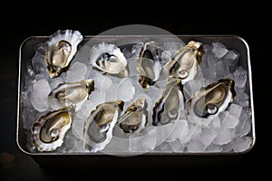 Tasteful Raw oysters on ice platter. Generate ai photo