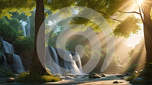 A Tasteful Scene Of A Waterfall With Sunbeams And Trees AI Generative
