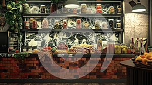 A tastefully decorated corner of a grocery store with a sleek counter showcasing premium meats and cheeses for sale. The photo