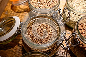 Tastes of gin, botanicals ingredients for gin distillery process, pot with dried coriander seeds