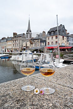 Tasting of apple calvados drink in old Honfleur harbour with boats and old houses on background, Normandy, France