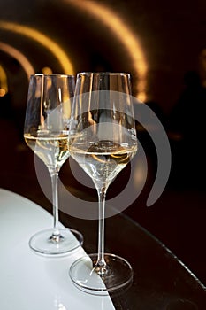 Tasting of brut champagne sparkling wine produced by traditional method in underground caves