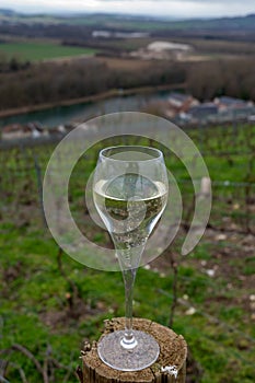 Tasting of brut champagne sparkling wine with view on hilly pinot noir gran cru vineyards of famous champagne houses near Ay and