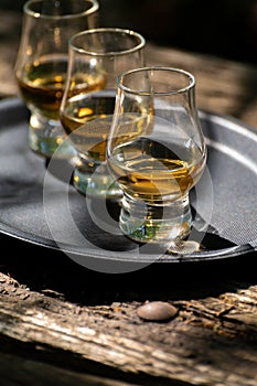 Tasting of different Scotch whiskies on outdoor terrace, dram of whiskey