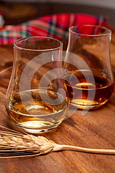 Tasting of different Scotch whiskies strong alcoholic drinks, drum of whiskey and colorful Scotch tartan on background close up