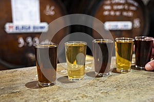 Tasting of different sweet wines from wooden barrels on old bodega in central part of Malaga, Andalusia, Spain