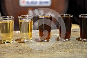 Tasting of different sweet wines from wooden barrels on old bodega in central part of Malaga, Andalusia, Spain