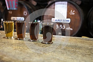 Tasting of different sweet wines from wooden barrels on old bodega in central part of Malaga, Andalusia, Spain