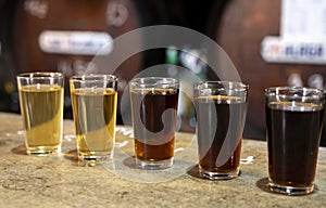 Tasting of different sweet wines from wooden barrels on old bodega in central part of Malaga, Andalusia, Spain