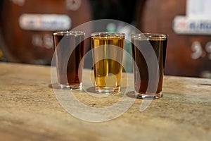 Tasting of different sweet wines from wooden barrels on old bodega in central part of Malaga, Andalusia, Spain