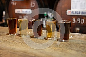 Tasting of different sweet wines from wooden barrels on old bodega in central part of Malaga, Andalusia, Spain