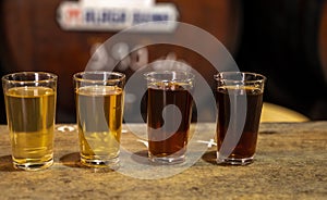 Tasting of different sweet wines from wooden barrels on old bodega in central part of Malaga, Andalusia, Spain