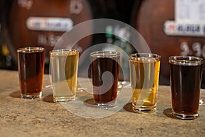 Tasting of different sweet wines from wooden barrels on old bodega in central part of Malaga, Andalusia, Spain