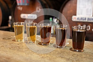 Tasting of different sweet wines from wooden barrels on old bodega in central part of Malaga, Andalusia, Spain