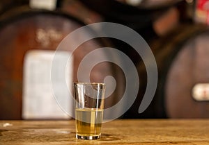 Tasting of different sweet wines from wooden barrels on old bodega in central part of Malaga, Andalusia, Spain