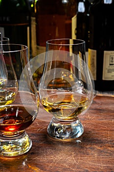 Tasting of flight of Scotch whisky from special tulip-shaped glasses on distillery in Scotland, UK