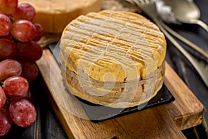 Tasting of oldest french AOC soft pudgent wrapped yellow cheese