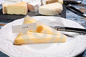 Tasting plate with small pieces of different French cheeses with name labels