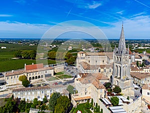 Tasting red Bordeaux wine, Merlot or Cabernet Sauvignon red wine grapes on cru class vineyards in Pomerol, Saint-Emilion wine