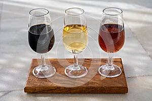 Tasting of Spanish sweet and dry fortified Vino de Jerez sherry wine photo