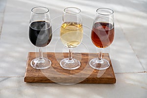 Tasting of Spanish sweet and dry fortified Vino de Jerez sherry wine photo