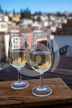 Tasting of sweet and dry fortified Vino de Jerez sherry wine with view on roofs and houses of old andalusian town