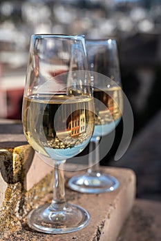 Tasting of sweet and dry fortified Vino de Jerez sherry wine with view on roofs and houses of old andalusian town photo