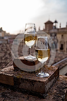 Tasting of sweet and dry fortified Vino de Jerez sherry wine with view on roofs and houses of old andalusian town photo