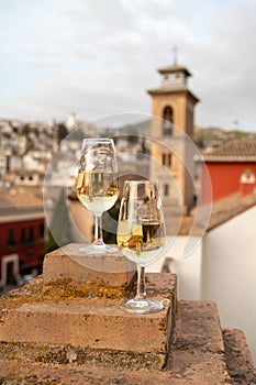 Tasting of sweet and dry fortified Vino de Jerez sherry wine with view on roofs and houses of old andalusian town photo