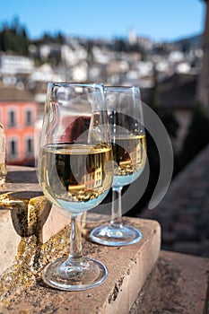 Tasting of sweet and dry fortified Vino de Jerez sherry wine with view on roofs and houses of old andalusian town photo