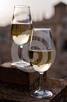 Tasting of sweet and dry fortified Vino de Jerez sherry wine with view on roofs and houses of old andalusian town photo